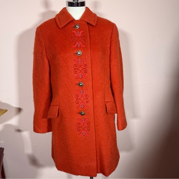 Vintage 1940 50 Austrian Loden Burnt orange wool Mohair Embroidered Long Coat - Picture 4 of 17